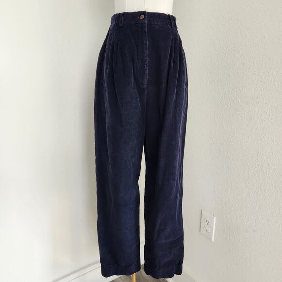 Vintage 80s Navy Blue Corduroy High Rise Pleated Trousers Straight Leg Pants M - Picture 9 of 9
